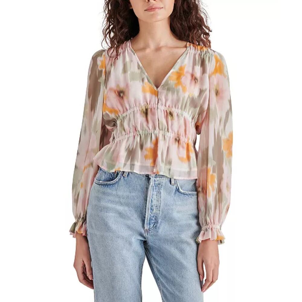 NWT Steve Madden Ardenne Faded Floral Chiffon Blouse Large Boho Romantic Sheer